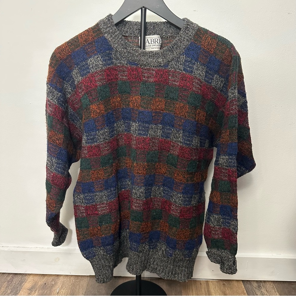 Vintage Made in England Wool Sweater | 80s 90s Multicolor Check Knit | Small